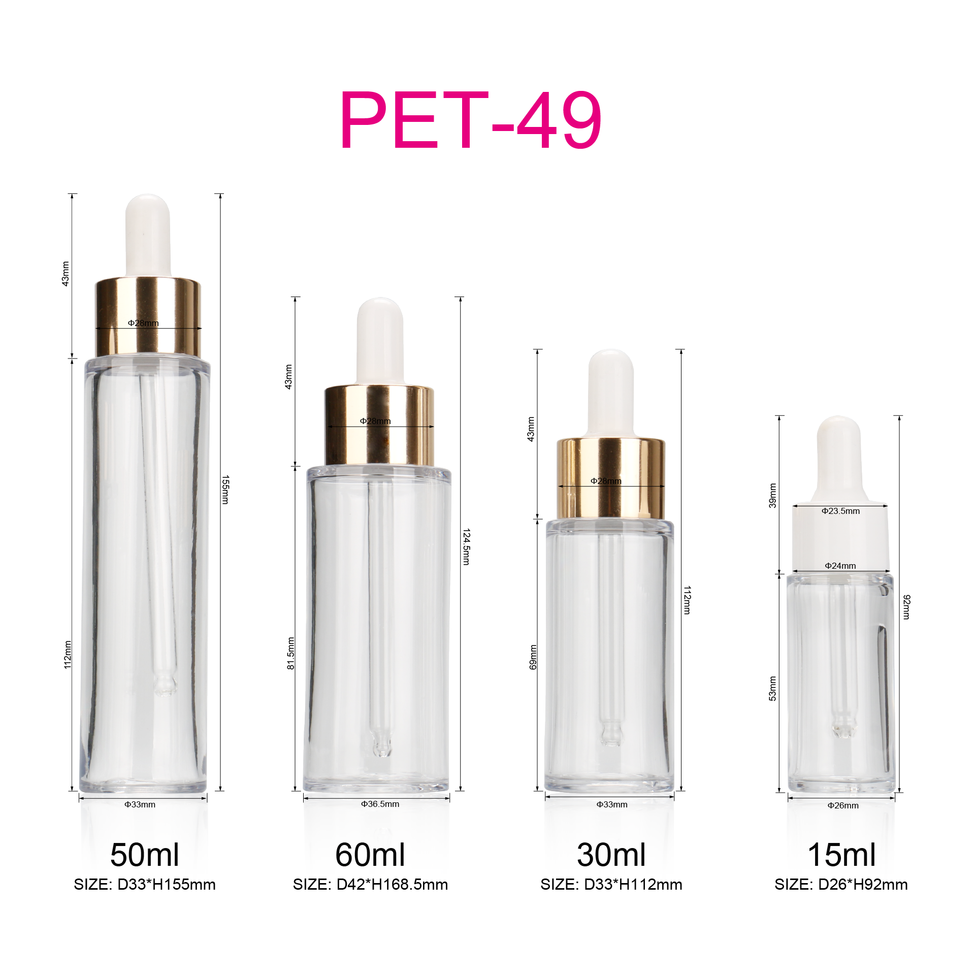 Empty 15ml 30ml 50ml 60ml Round Dropper Head Serum Bottle PET Plastic Clear Cosmetics Essential Oil Dropper Bottle