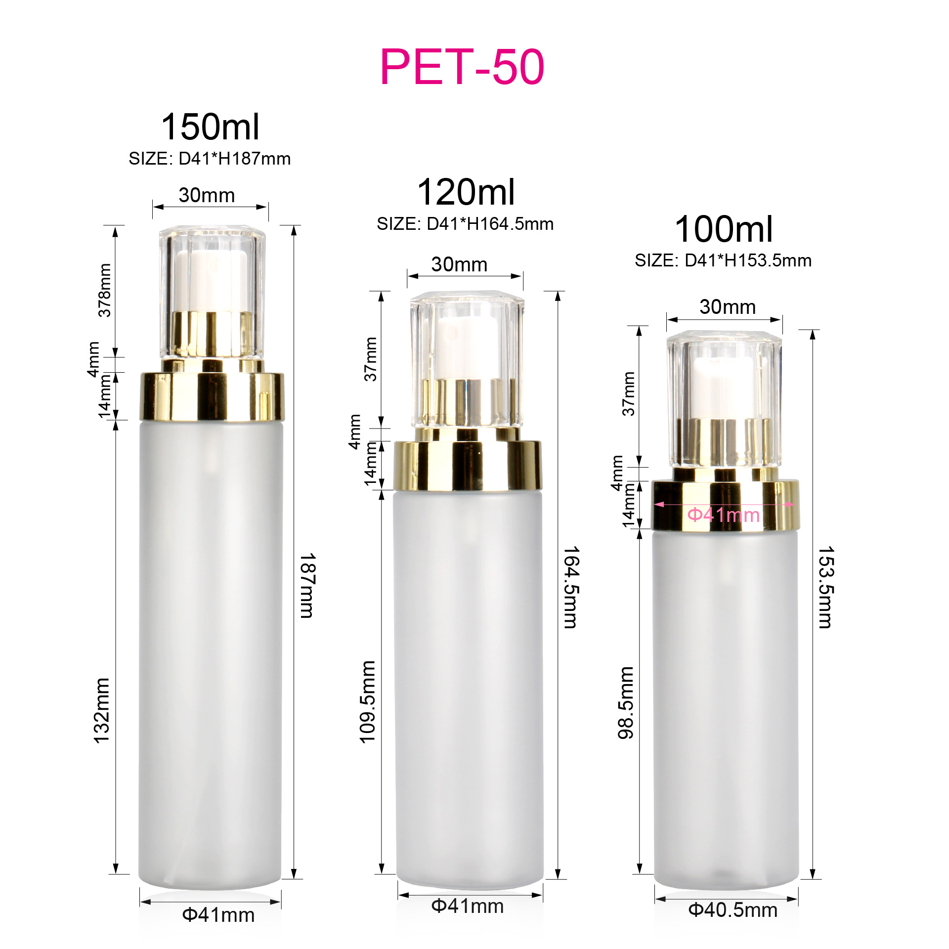 Round Flat Shoulder 100ml 120ml 150m Frosted PET Plastic Gold Plated Cover Press Type Lotion Bottle