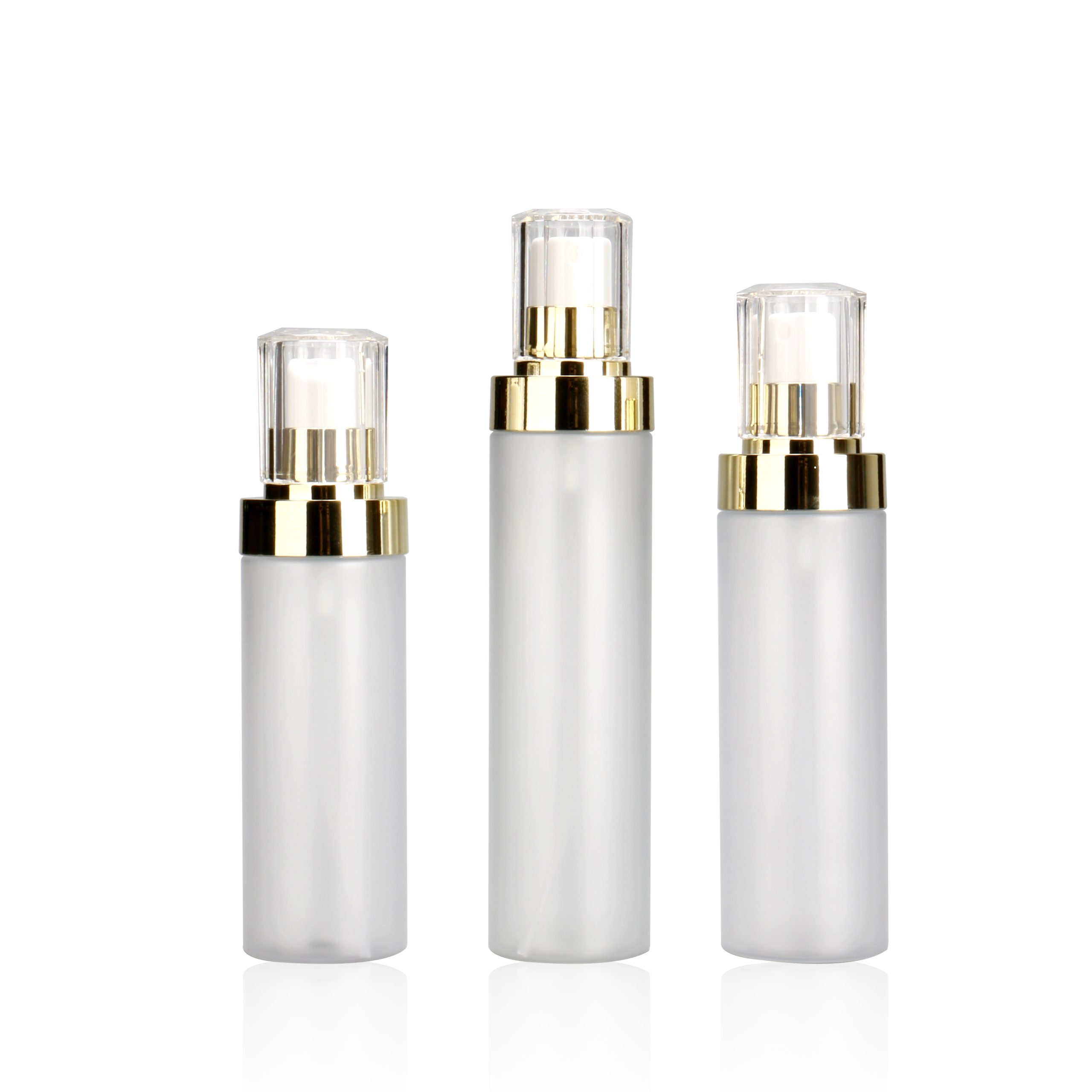 Round Flat Shoulder 100ml 120ml 150m Frosted PET Plastic Gold Plated Cover Press Type Lotion Bottle