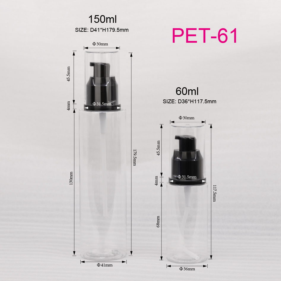 60ML 150ML Round Clear 60ml 150ml Transparent PET Plastic Lotion Pump Spray Bottle With Black Pump