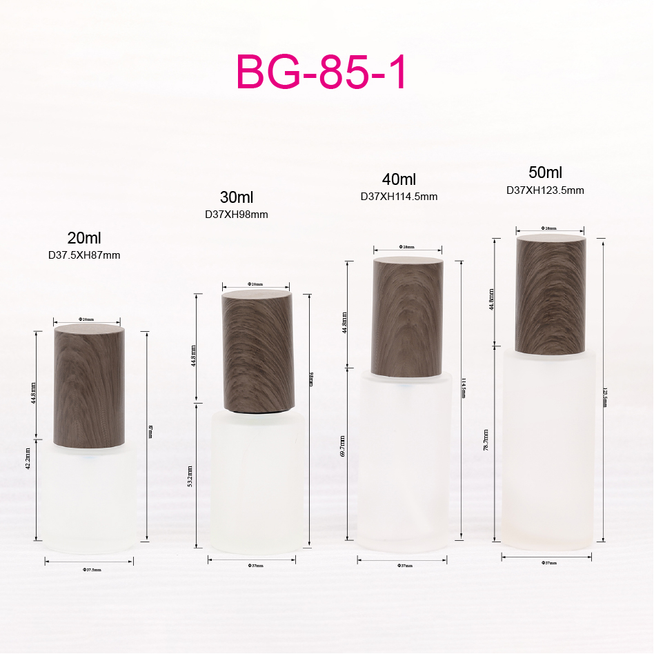 Cylinder Shaped Cosmetics Transparent Frosted Glass Press Lotion Sprayer Pump Bottle With Brown Wood Grain Lid