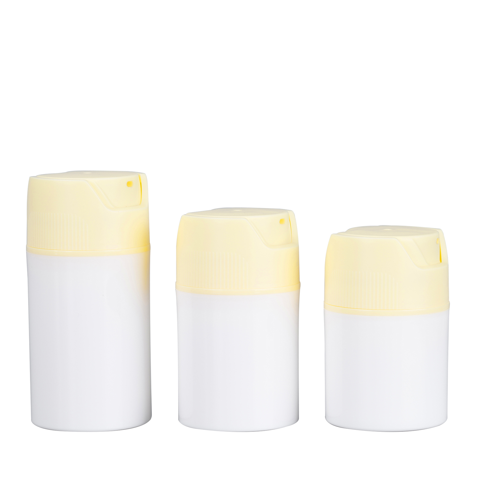 Customized 35ml 50ml 75ml 100ml 150ml white twist airless pump bottle with twist cap PP plastic pump bottle with yellow head