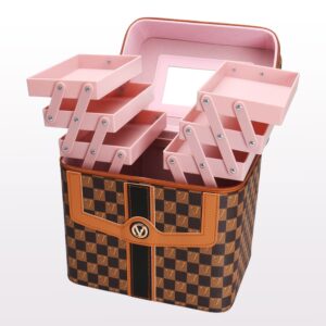 Checkered Makeup Train Case with Fold-Out Trays and Mirror