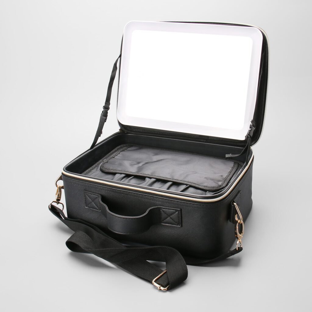 CLASSIC PU LEATHER MAKEUP TRAIN CASE WITH LED MIRROR AND BRUSH HOLDER