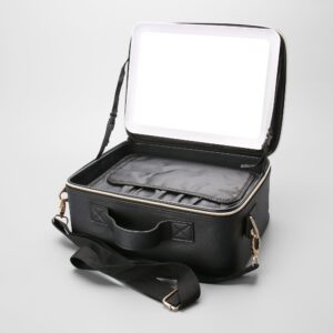CLASSIC PU LEATHER MAKEUP TRAIN CASE WITH LED MIRROR AND BRUSH HOLDER