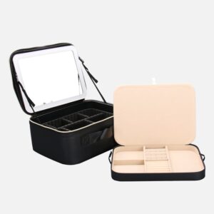 BLACK PU LEATHER VANITY CASE WITH JEWELRY ORGANIZER AND MIRROR