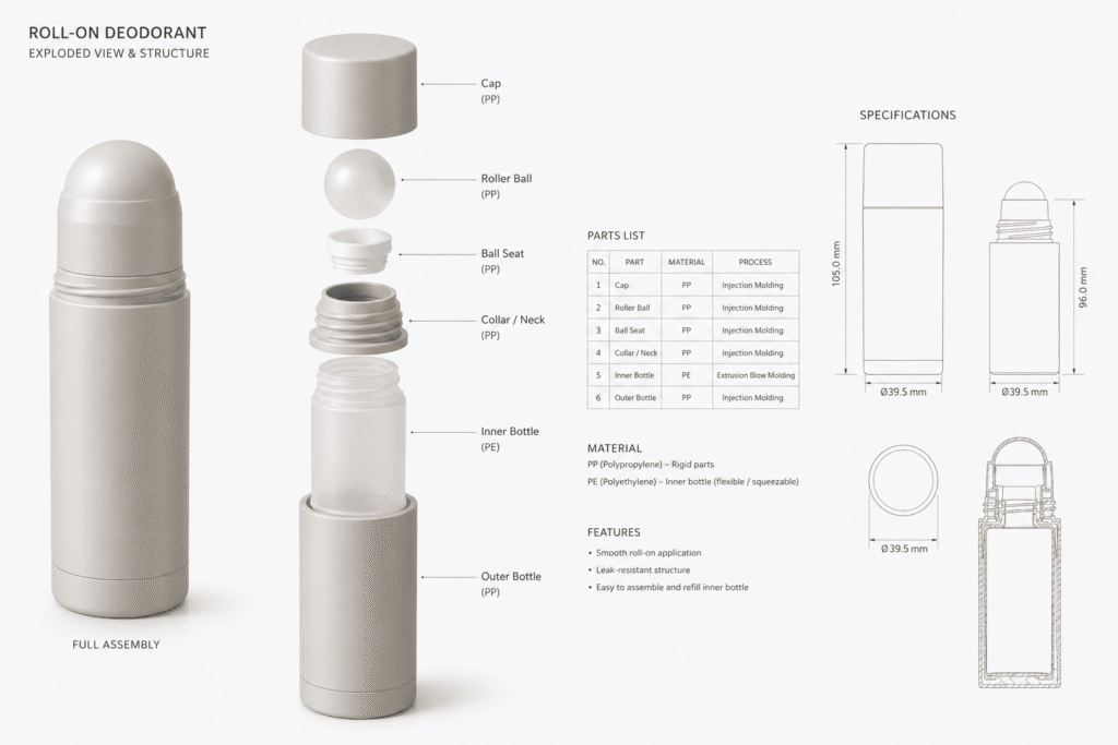 Exploded structural view of leak-proof rollerball packaging system