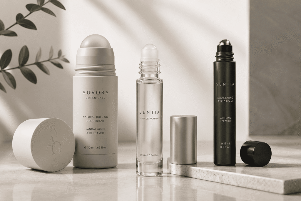 Premium sensory roll-on beauty packaging with custom logo