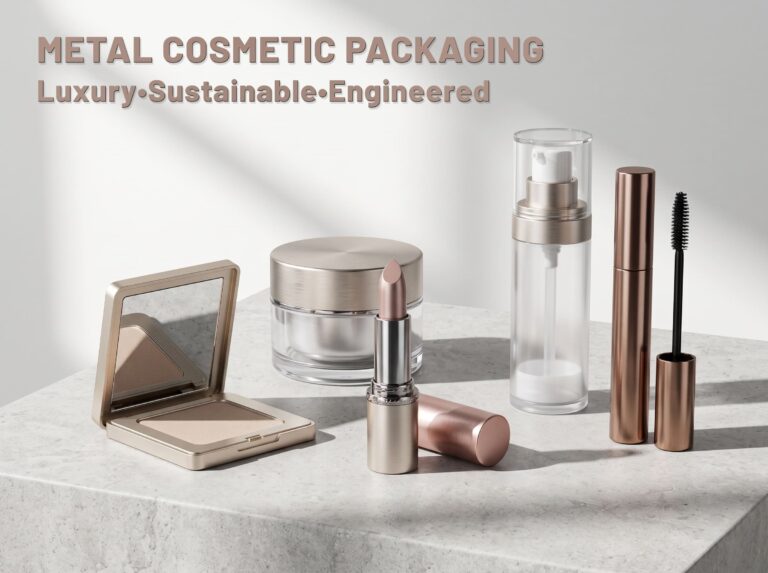 Premium metal cosmetic packaging featuring aluminum lipstick tube, compact case, airless bottle and luxury beauty packaging components