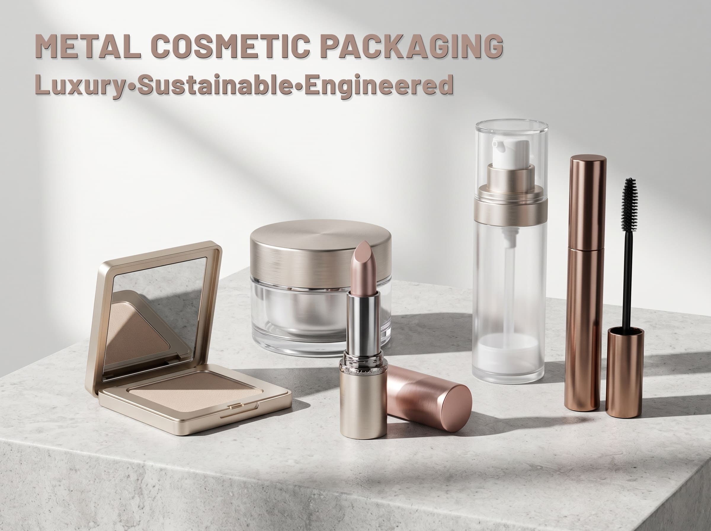 Premium metal cosmetic packaging featuring aluminum lipstick tube, compact case, airless bottle and luxury beauty packaging components