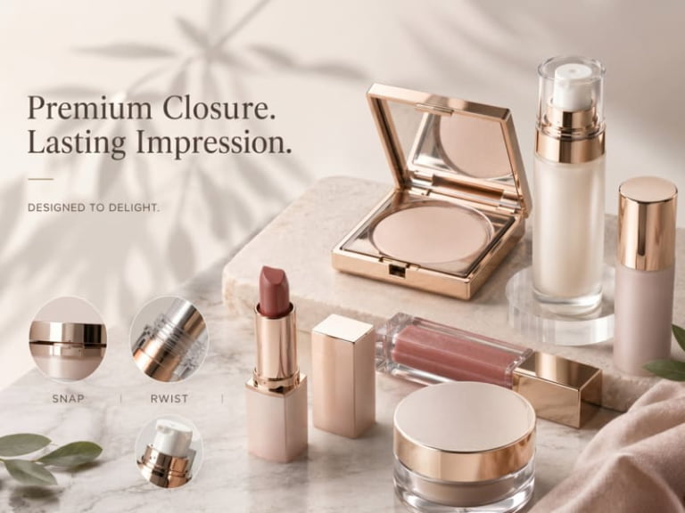 Premium cosmetic packaging closures featuring magnetic compact, lipstick tube, lip gloss packaging and airless bottle components