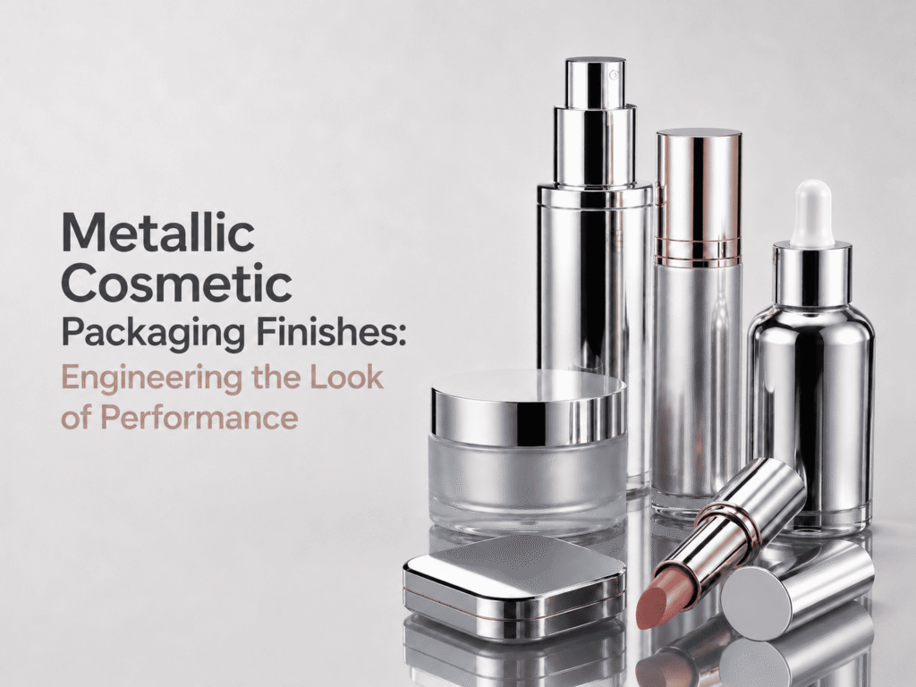 Metallic cosmetic packaging finishes featuring chrome bottles, a compact case, lipstick and skincare packaging