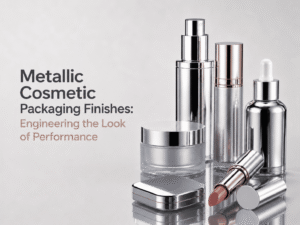 Metallic cosmetic packaging finishes featuring chrome bottles, a compact case, lipstick and skincare packaging