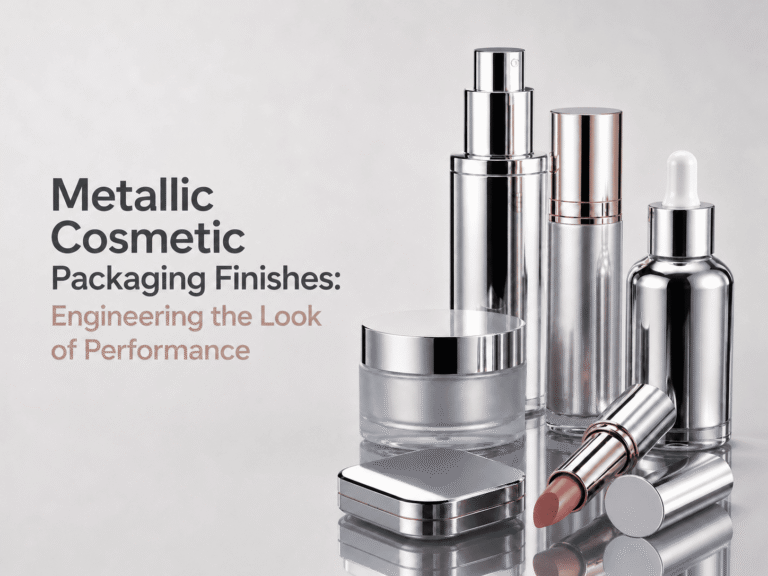 Metallic cosmetic packaging finishes featuring chrome bottles, a compact case, lipstick and skincare packaging