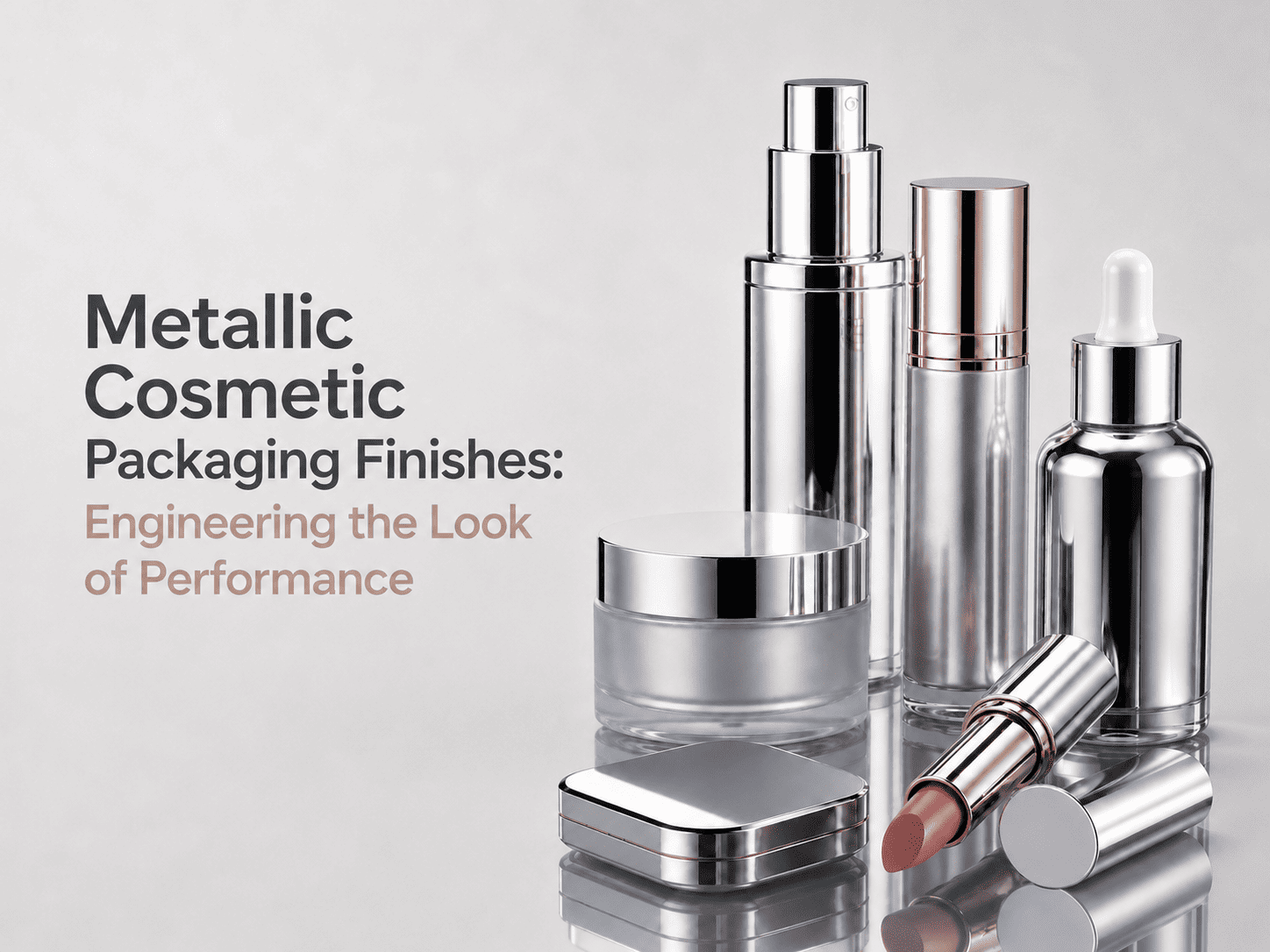 Metallic cosmetic packaging finishes featuring chrome bottles, a compact case, lipstick and skincare packaging
