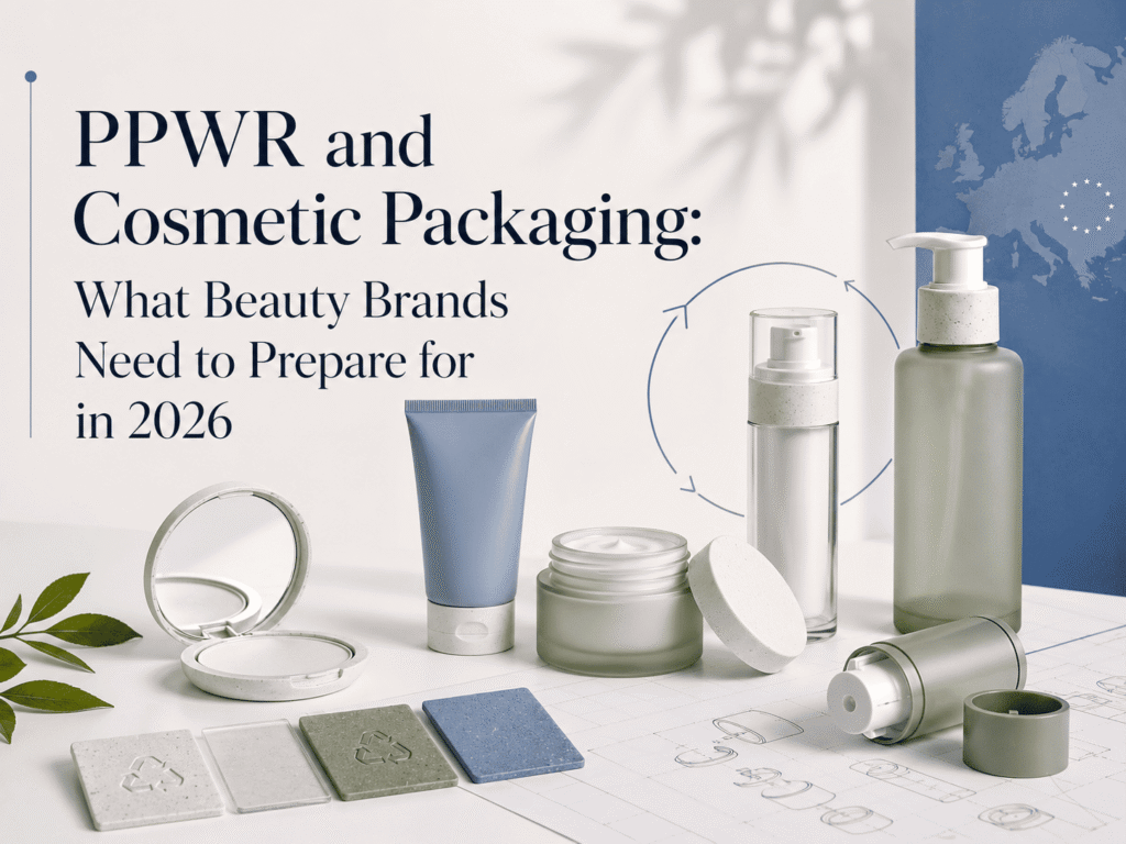 PPWR cosmetic packaging guide with recyclable bottles, jars, tubes and sustainable material samples for beauty brands