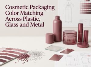 Cosmetic packaging color matching across plastic, glass and metal with color swatches and material samples