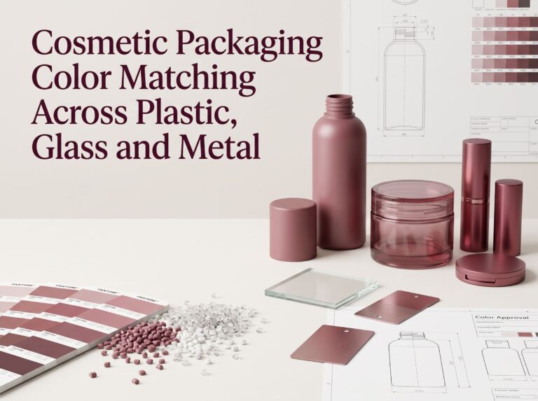 Cosmetic packaging color matching across plastic, glass and metal with color swatches and material samples