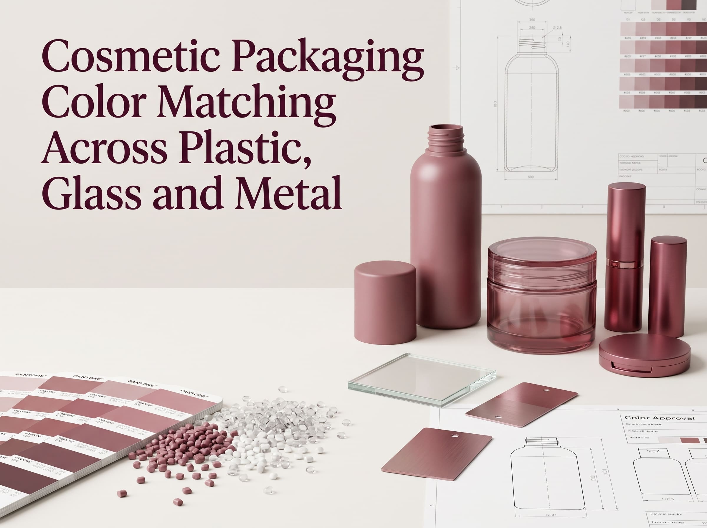 Cosmetic packaging color matching across plastic, glass and metal with color swatches and material samples