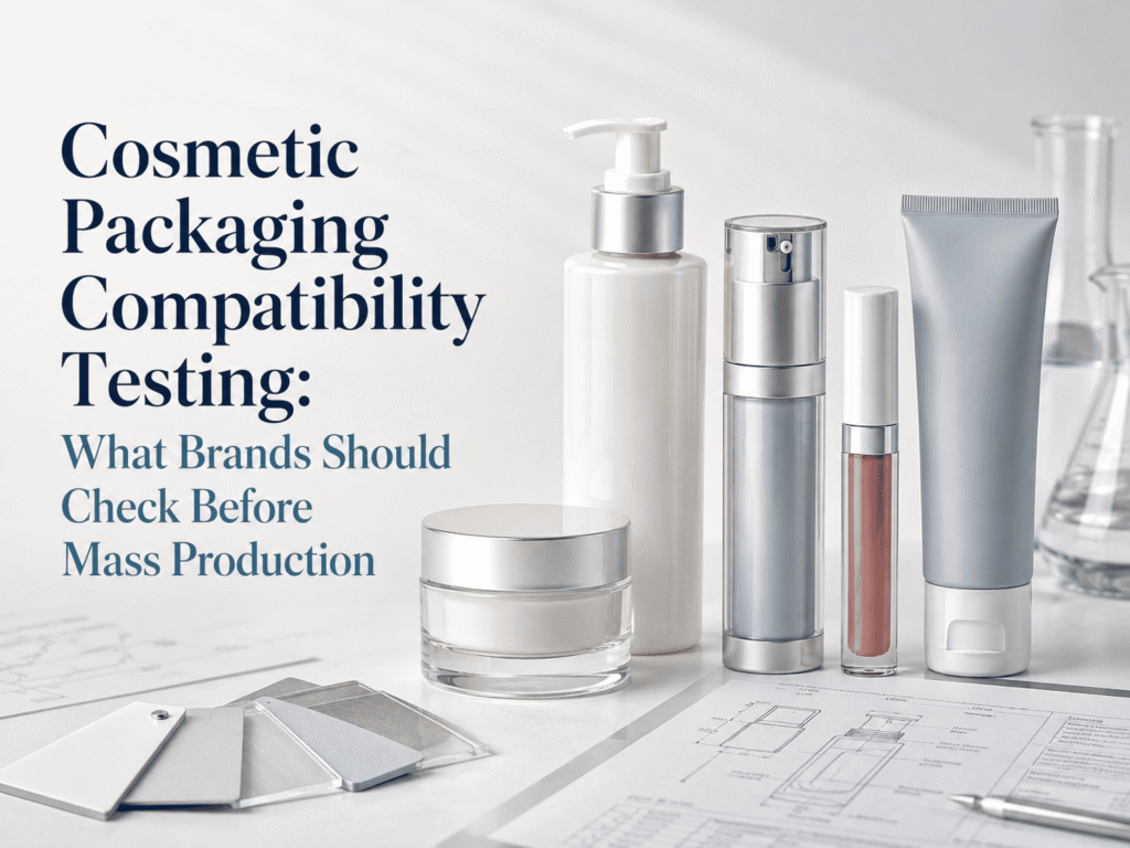 Cosmetic packaging compatibility testing with beauty containers, plastic resin pellets and technical drawings before mass production