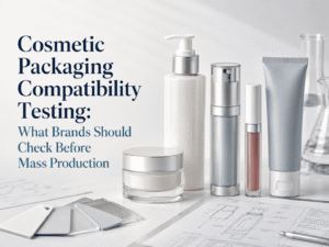 Cosmetic packaging compatibility testing with beauty containers, plastic resin pellets and technical drawings before mass production