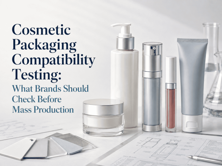 Cosmetic packaging compatibility testing with beauty containers, plastic resin pellets and technical drawings before mass production