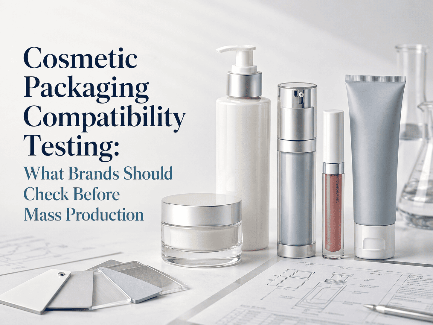 Cosmetic packaging compatibility testing with beauty containers, plastic resin pellets and technical drawings before mass production