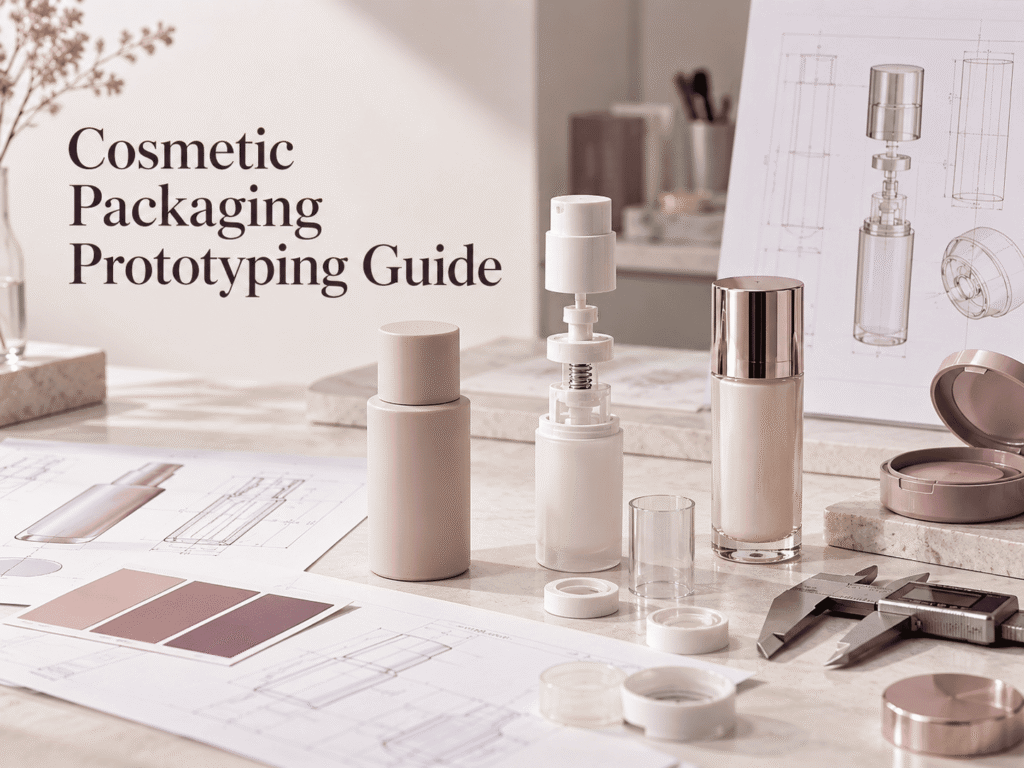 Cosmetic packaging prototyping with appearance samples, functional components, T1 samples and technical drawings