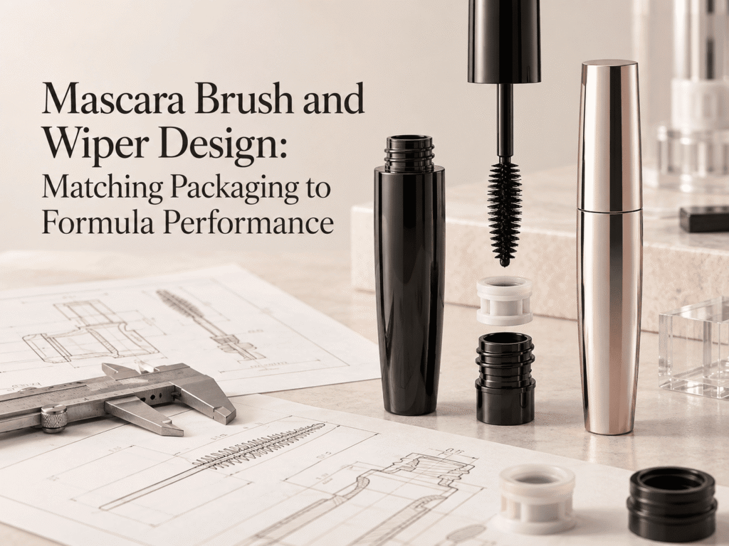 Mascara brush and wiper design with packaging components, applicator wand and technical drawings