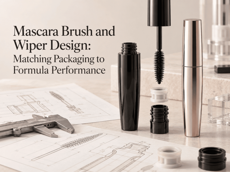Mascara brush and wiper design with packaging components, applicator wand and technical drawings